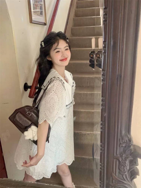 Women Embroidered Lace Trimmed Sailor Collar A-Line Dress